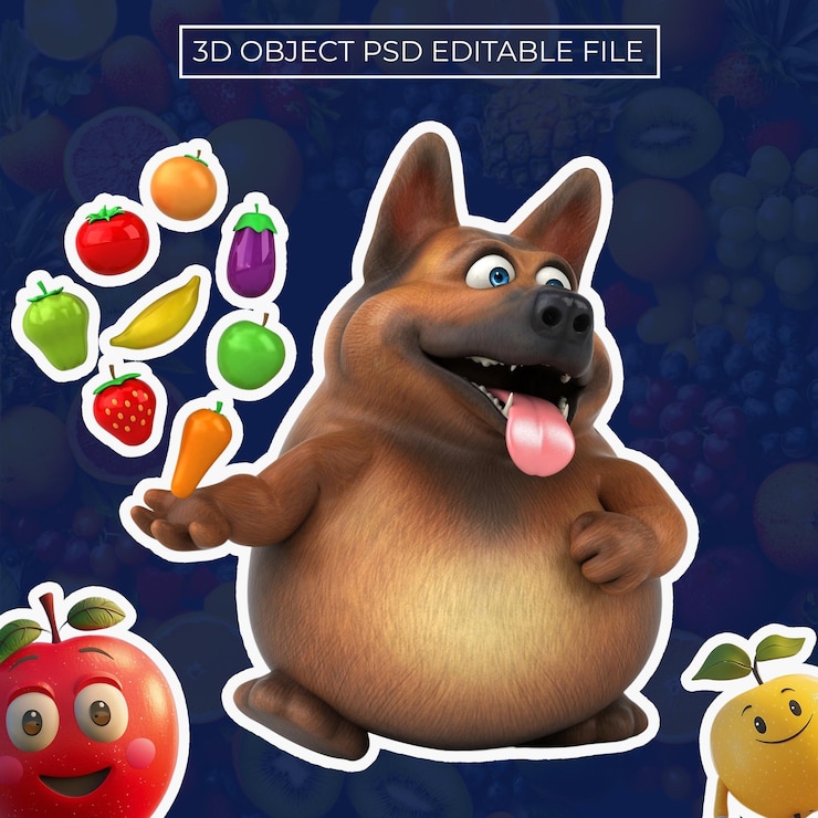 PSD perro de dibujos animados gracioso con frutas y verduras