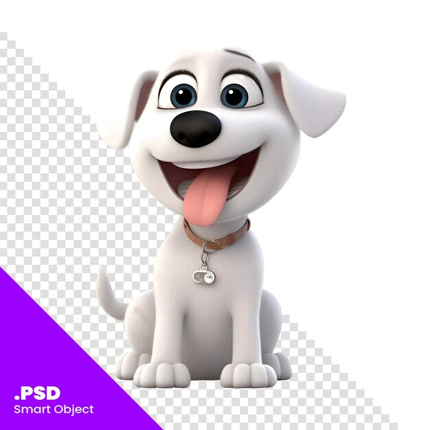PSD perro de dibujos animados con medalla en un fondo blanco plantilla psd de renderización 3d