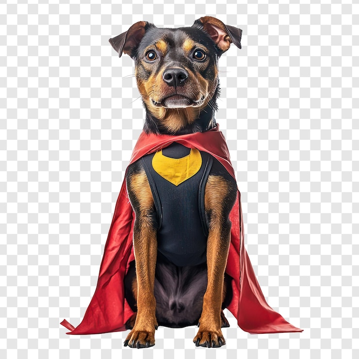 PSD perro con disfraz de superhéroe vista frontal de longitud completa aislado en fondo transparente