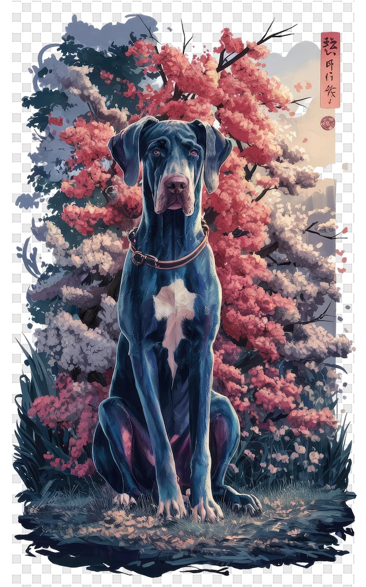 PSD un perro está sentado en la hierba con flores en el fondo