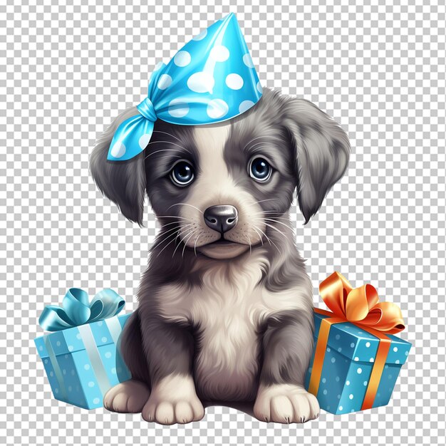 PSD perro feliz con regalo y hueso temática fiesta de cumpleaños sombrero ilustración de animal aislado en fondo transparente