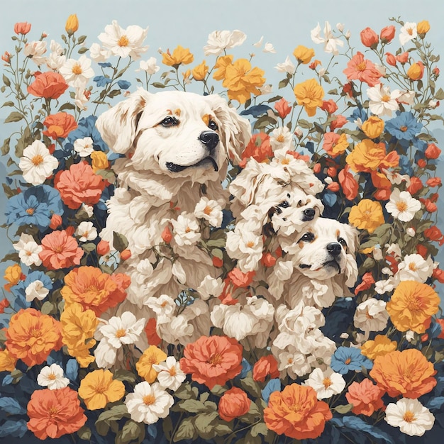 Perro con flores en el fondo colorido