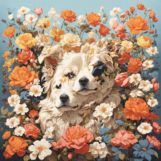 Perro con flores en el fondo oloroso