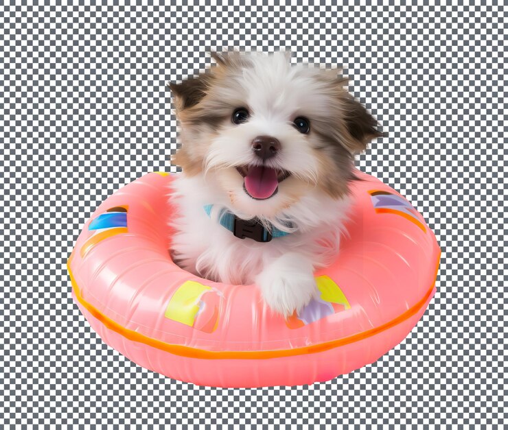 PSD perro gato blanco con anillo inflable nadador aislado en un fondo transparente
