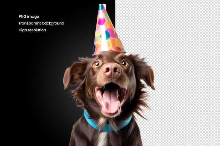 PSD un perro con un gorro de fiesta en la cabeza.