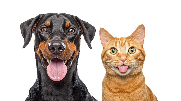 PSD perro gracioso y gato rojo sacando las lenguas juntos en un fondo transparente