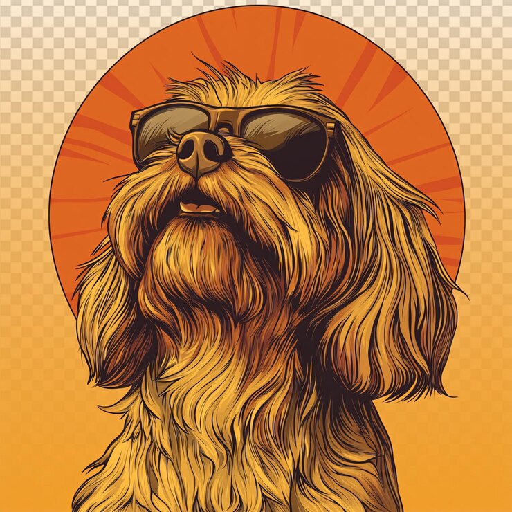 PSD perro habanés feliz con gafas de sol contra la puesta de sol