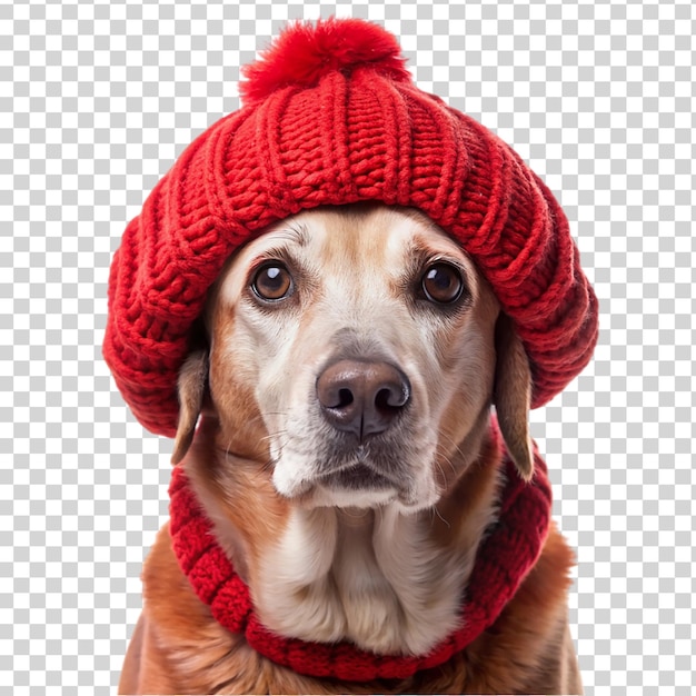 PSD perro lindo con sombrero y bufanda de punto rojo aislados en un fondo transparente