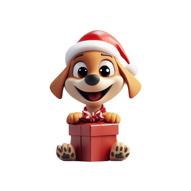 PSD perro lindo en el sombrero de papá noel con un regalo de navidad