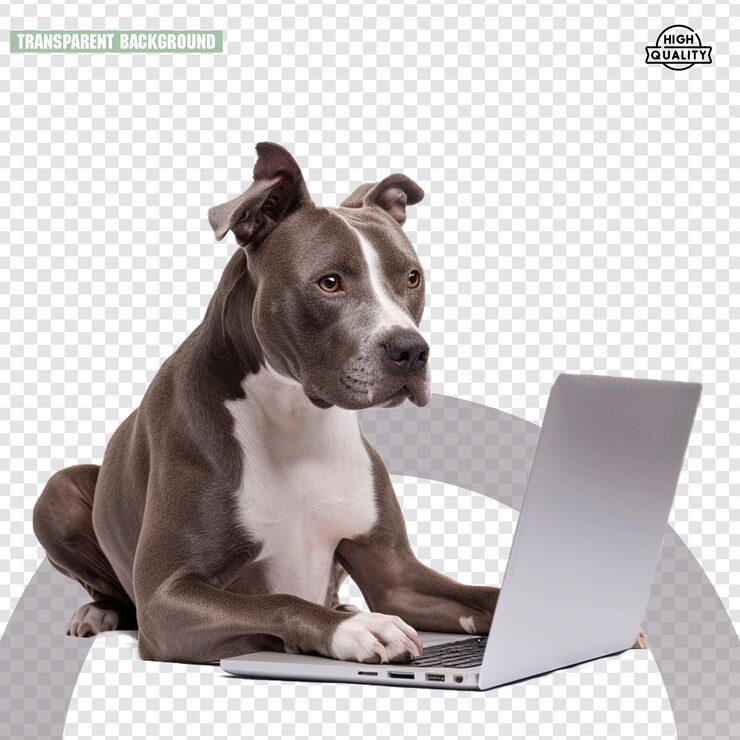 PSD perro lindo usando una computadora portátil en un fondo transparente