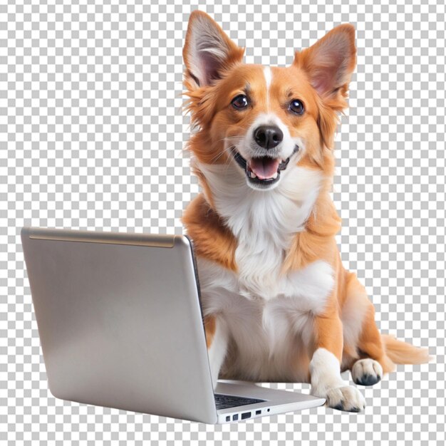 un perro lindo usando una computadora portátil en un fondo transparente