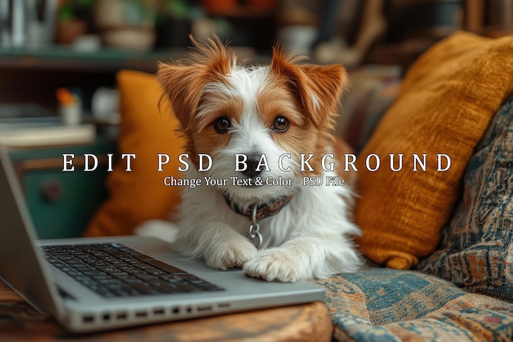 PSD perro lindo usando una computadora portátil