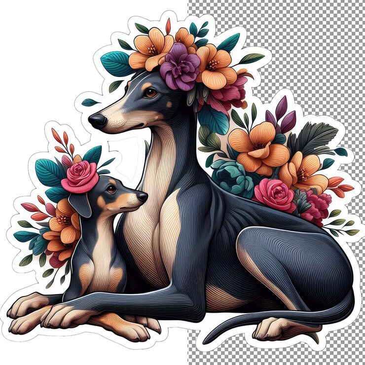 PSD perro madre de piel floral con pegatina de cachorro juguetón
