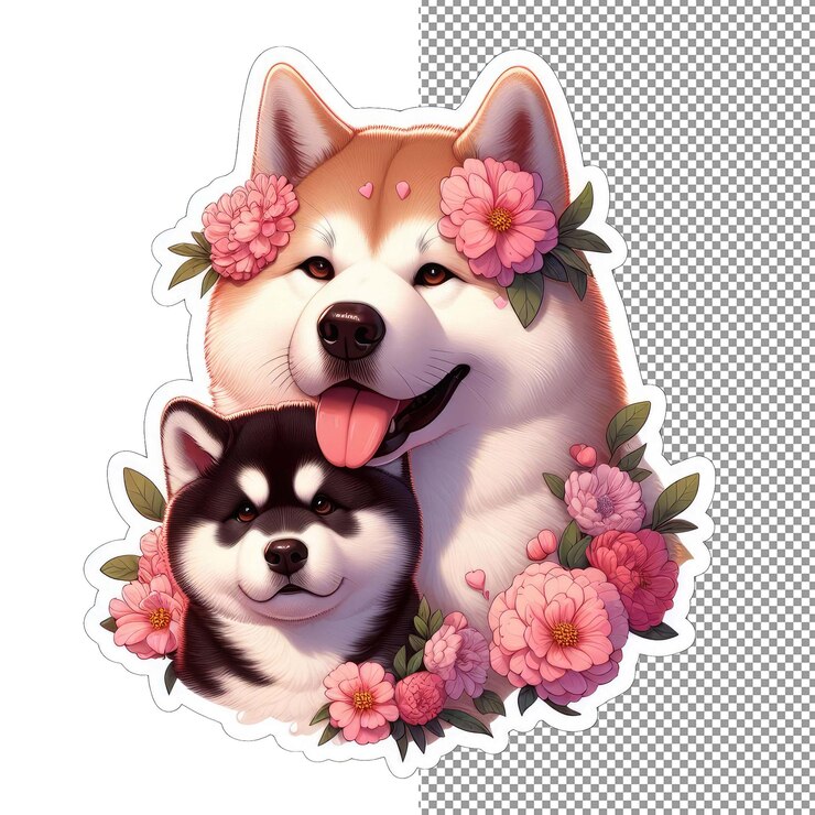 PSD perro madre de piel floral con pegatina de cachorro juguetón