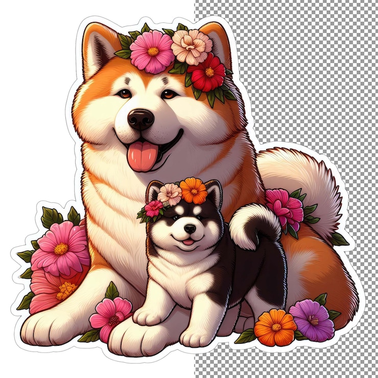 PSD perro madre de piel floral con pegatina de cachorro juguetón