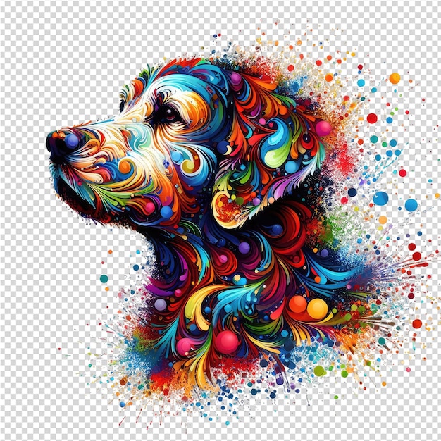 Un perro con manchas coloridas y un diseño colorido de un perro