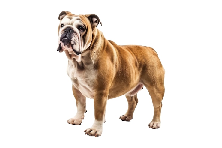 PSD un perro marrón y blanco de pie frente a un fondo blanco