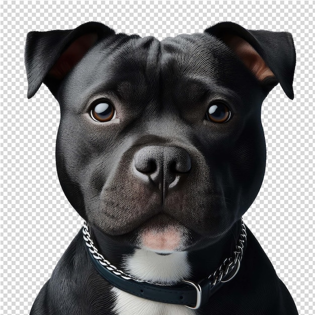 Un perro negro con un collar que dice 