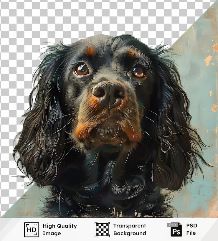 PSD perro negro con nariz marrón en un fondo de pintura de textura azul suave