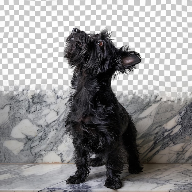 PSD un perro negro con una nariz negra y un piso de mármol blanco y gris