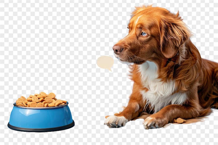PSD un perro de ojos azules mira con anhelo un plato de comida para perros.