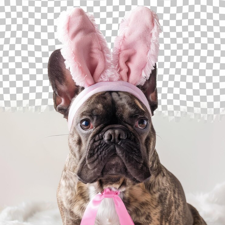 PSD un perro con orejas de conejo rosas y un arco rosado en la cabeza