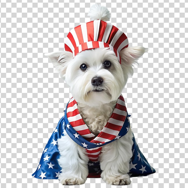 PSD perro patriótico con trajes con bandera estadounidense aislada en un fondo transparente