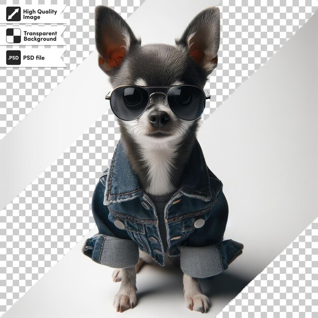 PSD perro psd en una chaqueta de denim y gafas de sol en un fondo transparente con capa de máscara editable