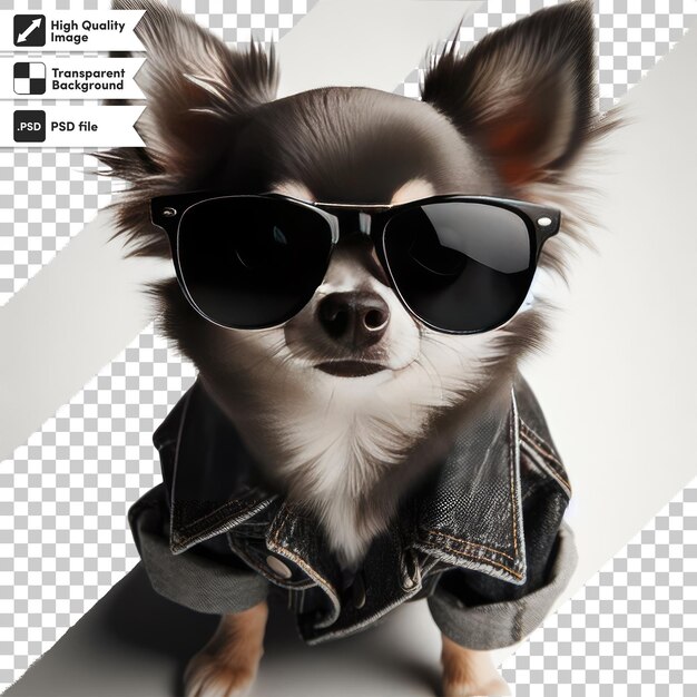 PSD perro psd en una chaqueta de denim y gafas de sol en un fondo transparente con capa de máscara editable