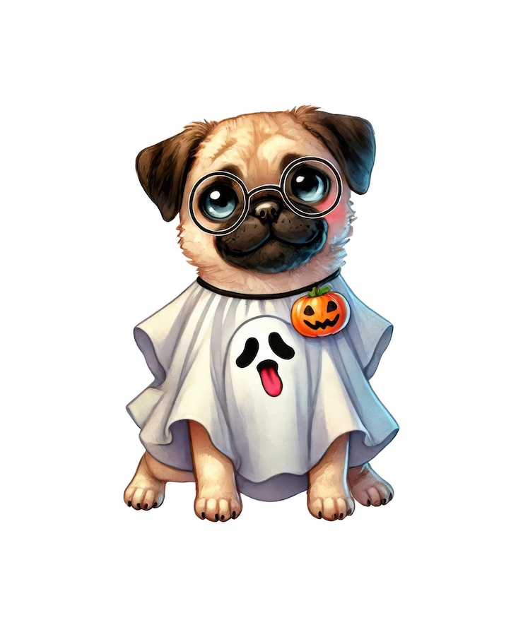 PSD un perro pug con una camisa blanca con una pegatina de calabaza en él