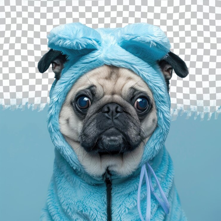 PSD un perro pug con un sombrero azul y una bufanda
