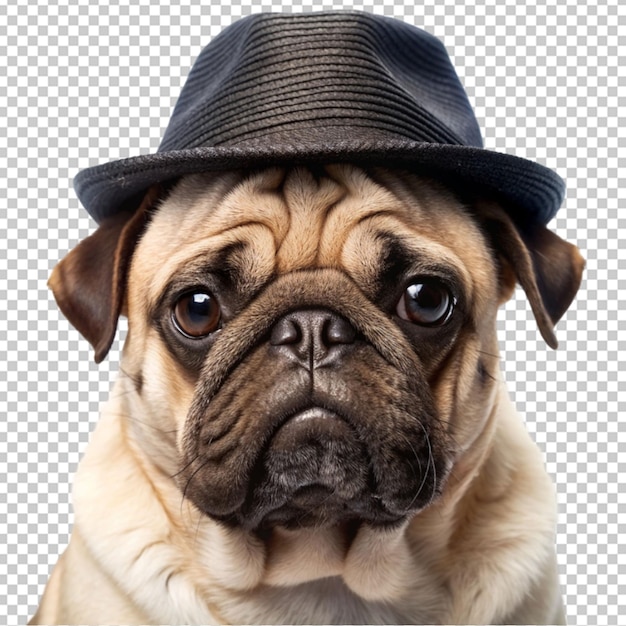 PSD perro pug triste con un sombrero negro mira tristemente en el fondo transparente