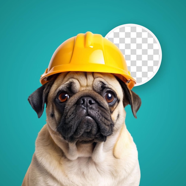 Perro raza pit bull terrier en un casco de construcción en un amarillo