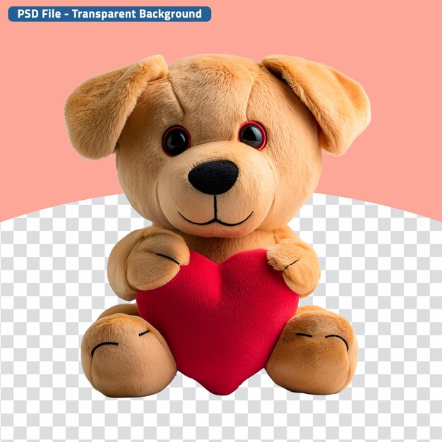 El perro relleno juega el perro lindo que sostiene una muñeca de la felpa del corazón rojo para el juguete suave esponjoso del perrito de san valentín