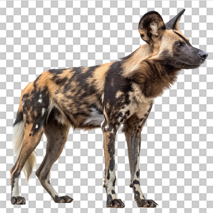 PSD perro salvaje africano de pie aislado sobre un fondo transparente