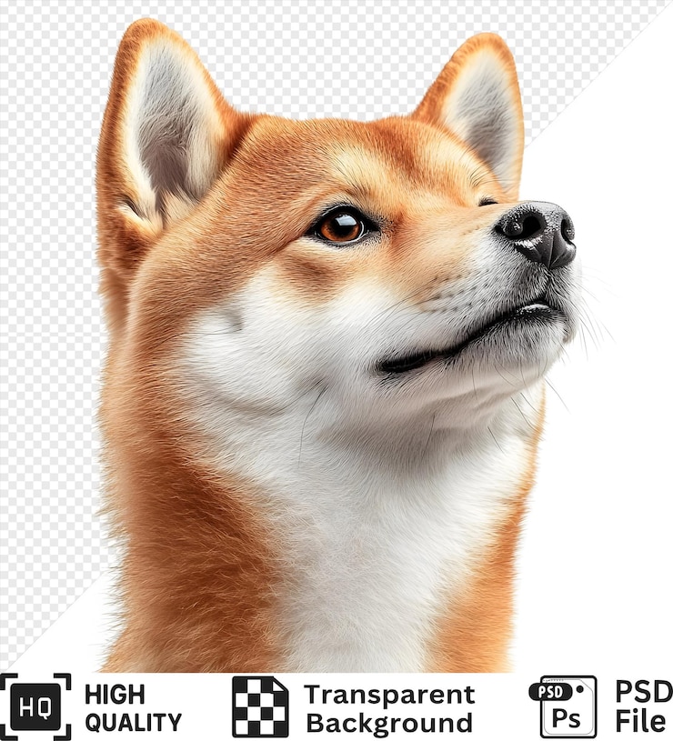 PSD un perro shiba inu con pelaje rojo y marcas blancas mirando hacia arriba aislado en un fondo transparente