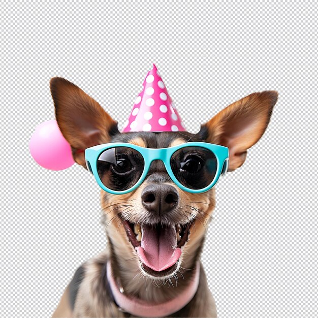 PSD un perro con un sombrero de fiesta y gafas de sol con un sombreiro de fiesta en él