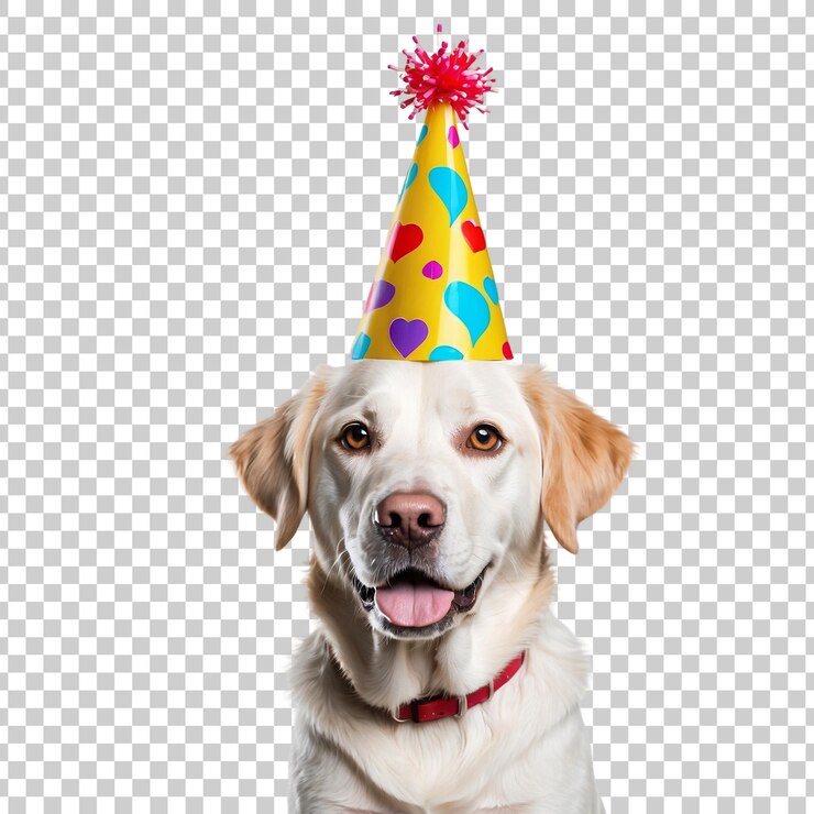 PSD un perro con un sombrero de fiesta con las palabras feliz cumpleaños en él