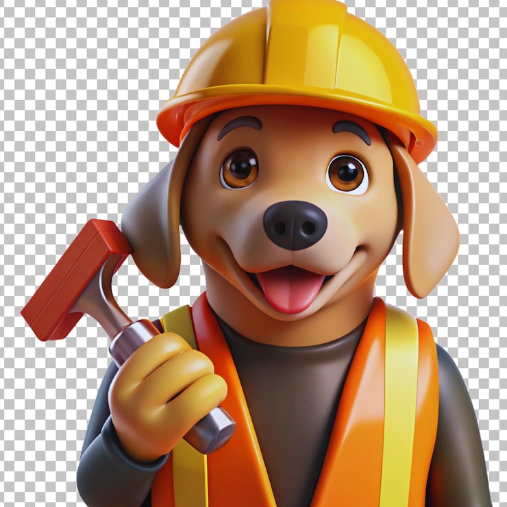 PSD un perro con un sombrero fuerte naranja sostiene un martillo