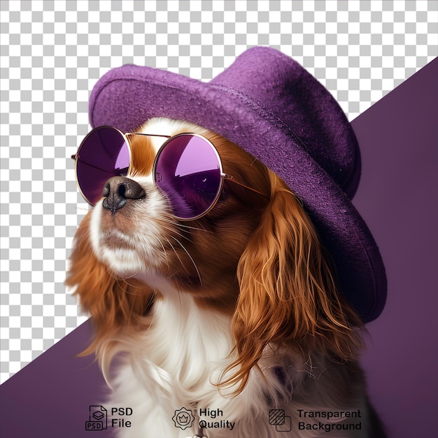 Perro con sombrero púrpura y gafas aislados en fondo transparente incluyen archivo png