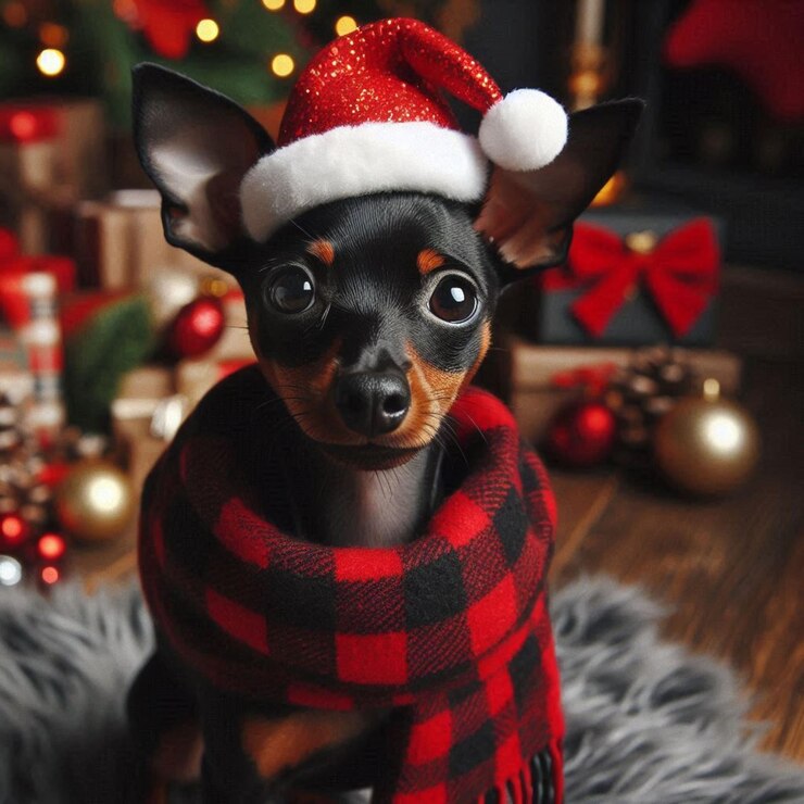 un perro con un sombrero de Santa está usando una bufanda roja y negra
