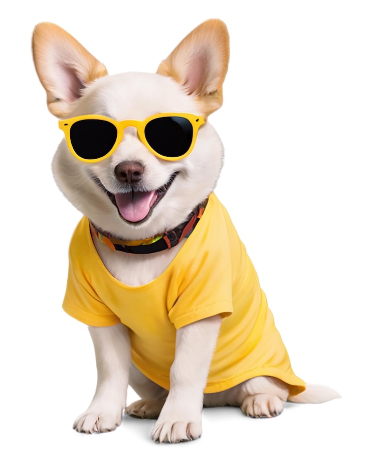 PSD el perro usa gafas de sol con el traje de la temporada de verano