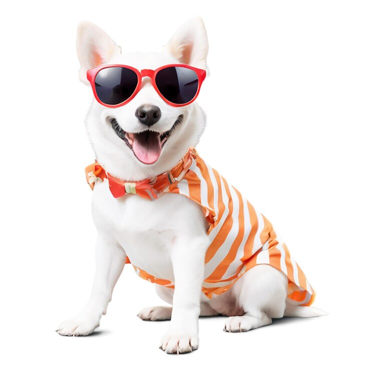 PSD el perro usa gafas de sol con el traje de la temporada de verano