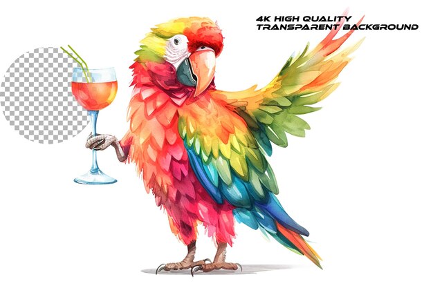 PSD un perroquet de fête de dessin animé drôle avec un verre de cocktail sur un fond transparent