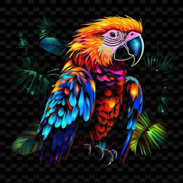 PSD le perroquet la jungle vibrante les lignes de néon squiggly les fruits tropicaux fe png y2k les formes la lumière transparente les arts