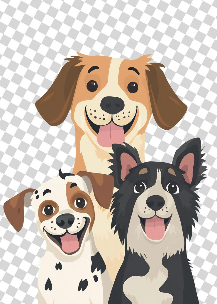 Perros felices Tres adorables amigos caninos de dibujos animados juntos