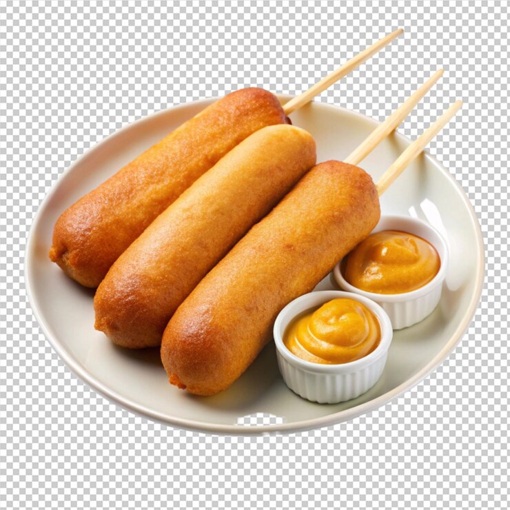 PSD perros de maíz en un plato blanco con salsa aislada sobre un fondo transparente