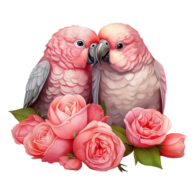 PSD perruche à deux oiseaux avec des roses image générée par l'ia