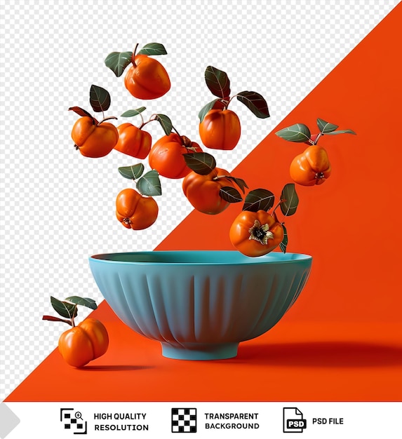 PSD des persimmons frais uniques volant dans un modèle de bol bleu sur un fond orange png