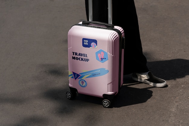 person carrying luggage with stickers